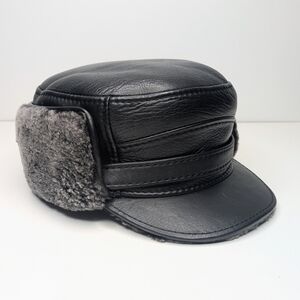 R&V black leather trapper hat faux fur lined fold down men's size XXL